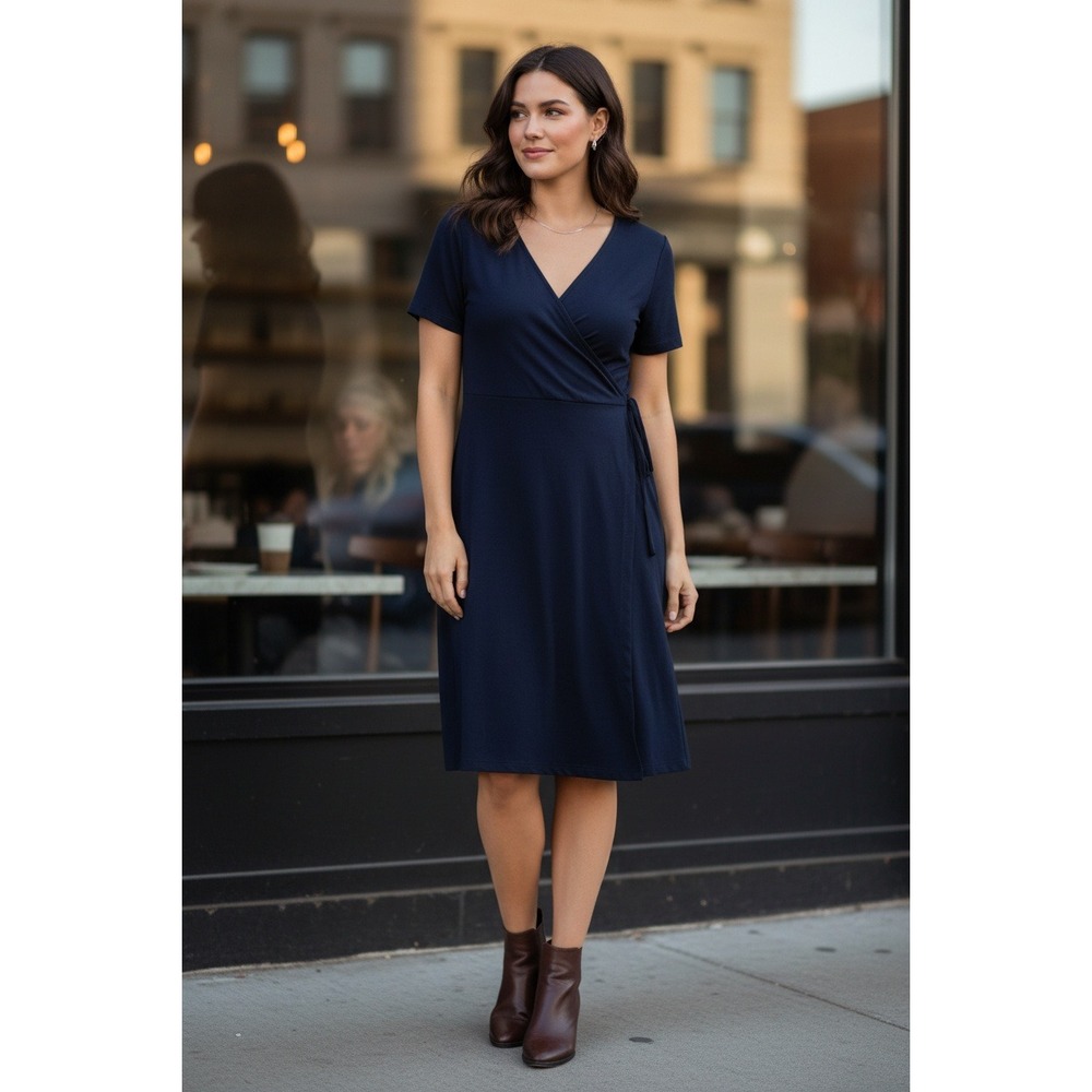 Navy Blue Short Sleeve V-Neck Wrap Dress Knee Length Jersey Knit Tie Waist XXL